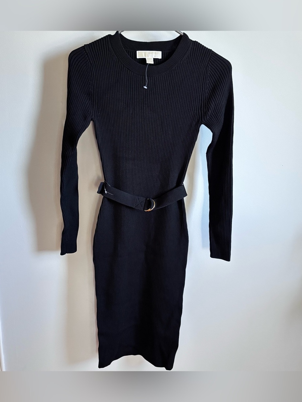 MICHAEL Michael Kors Black Ribbed Long Sleeve Belted Dress